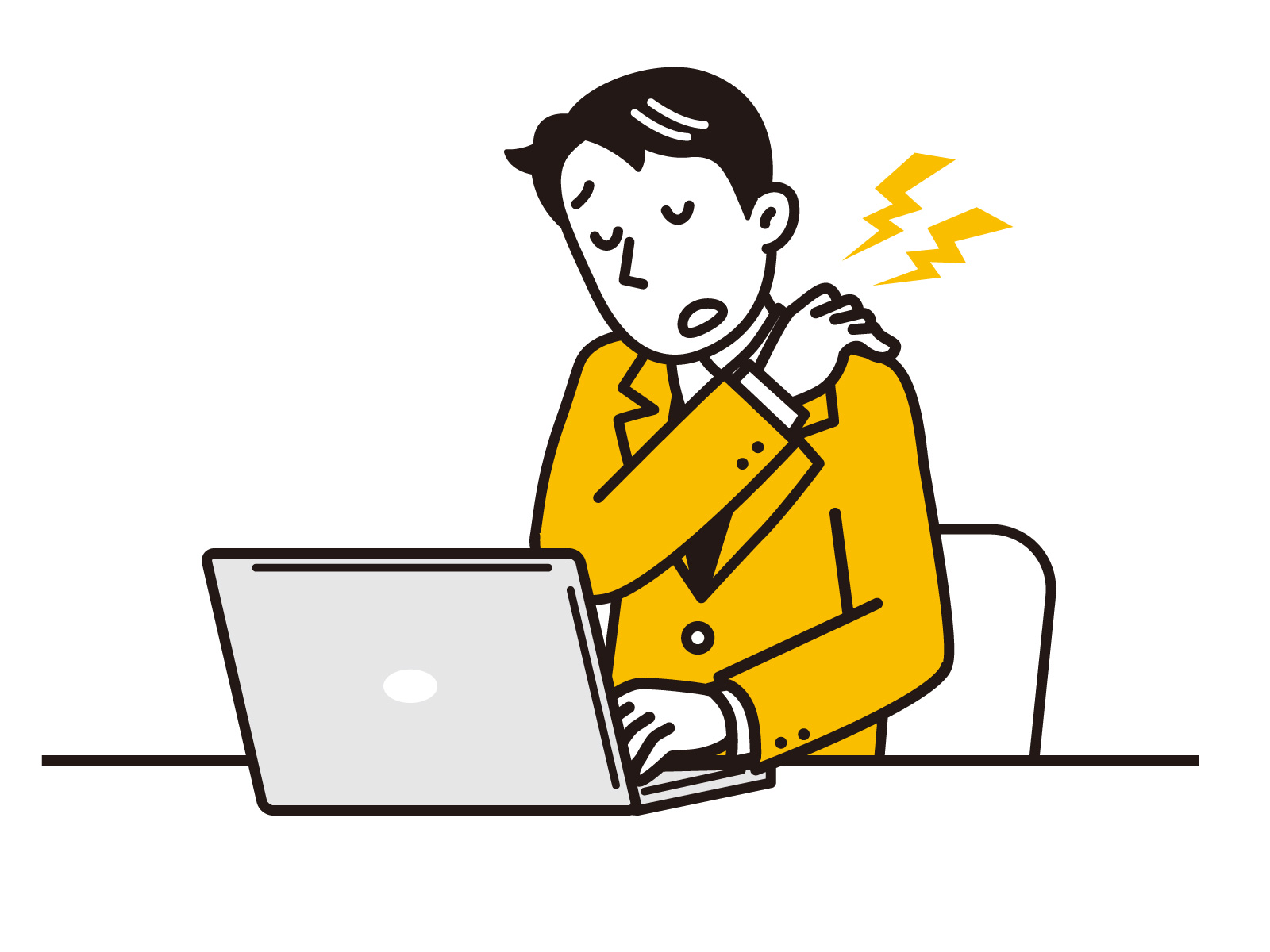 パソコン作業で首や肩に痛みを感じる男性のイラスト